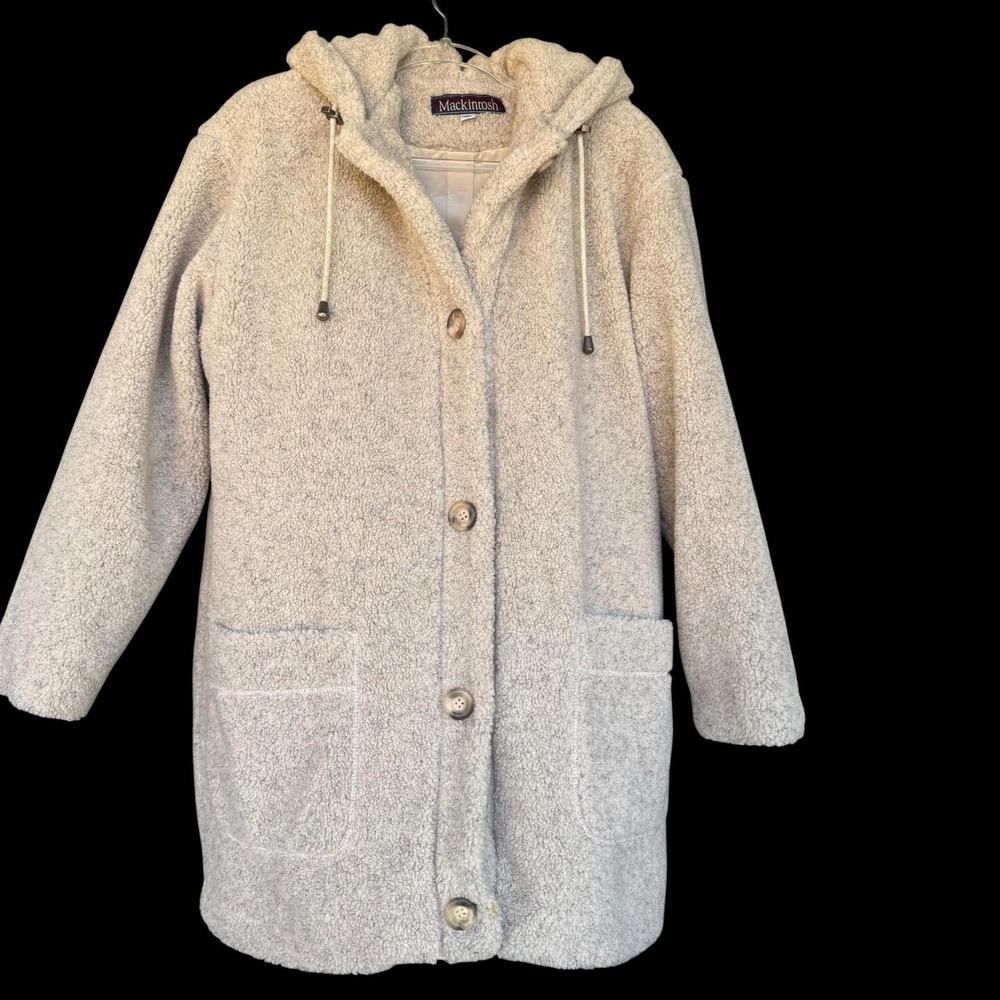 Mackintosh Coat Womens Large Cream Fleece Lined Hooded Button Parka Pockets USA